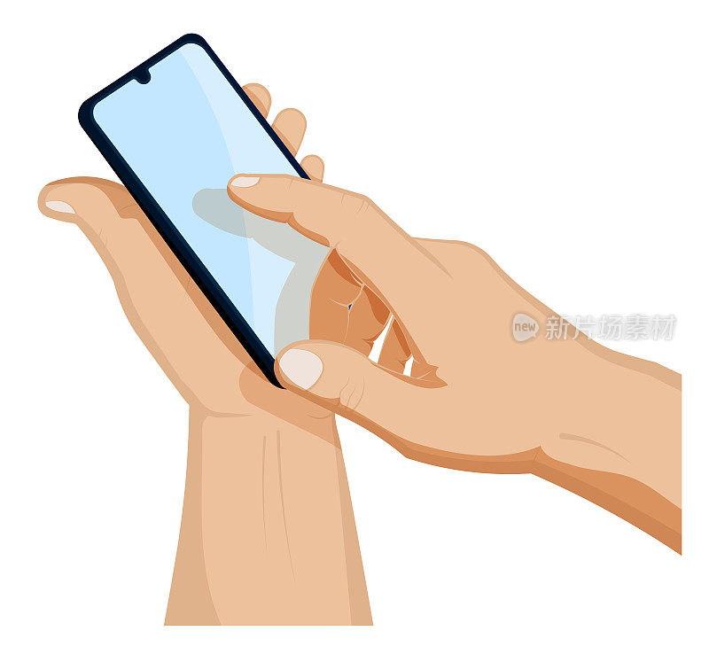 mans hand holds a smartphone and presses a finger on touch screen. Using portable smart devices, navigation, communication. Cartoon vector on white background
